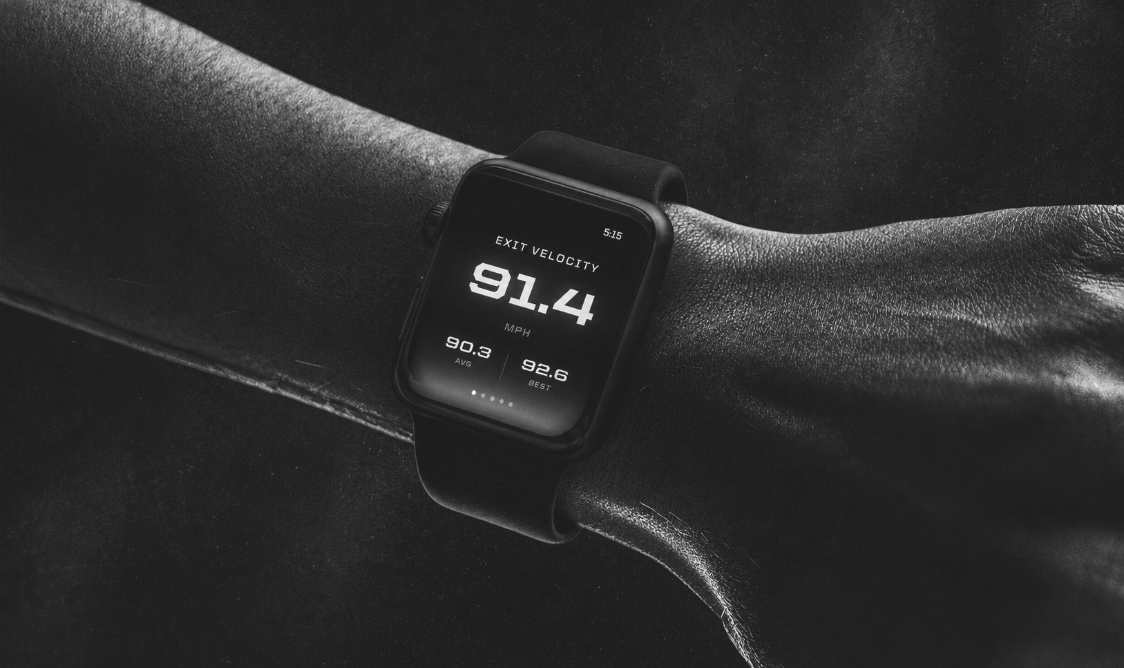 PHANTOM live metrics on a wrist watch showing exit velocity 91.4 MPH, 90.3 average, and 92.6 best